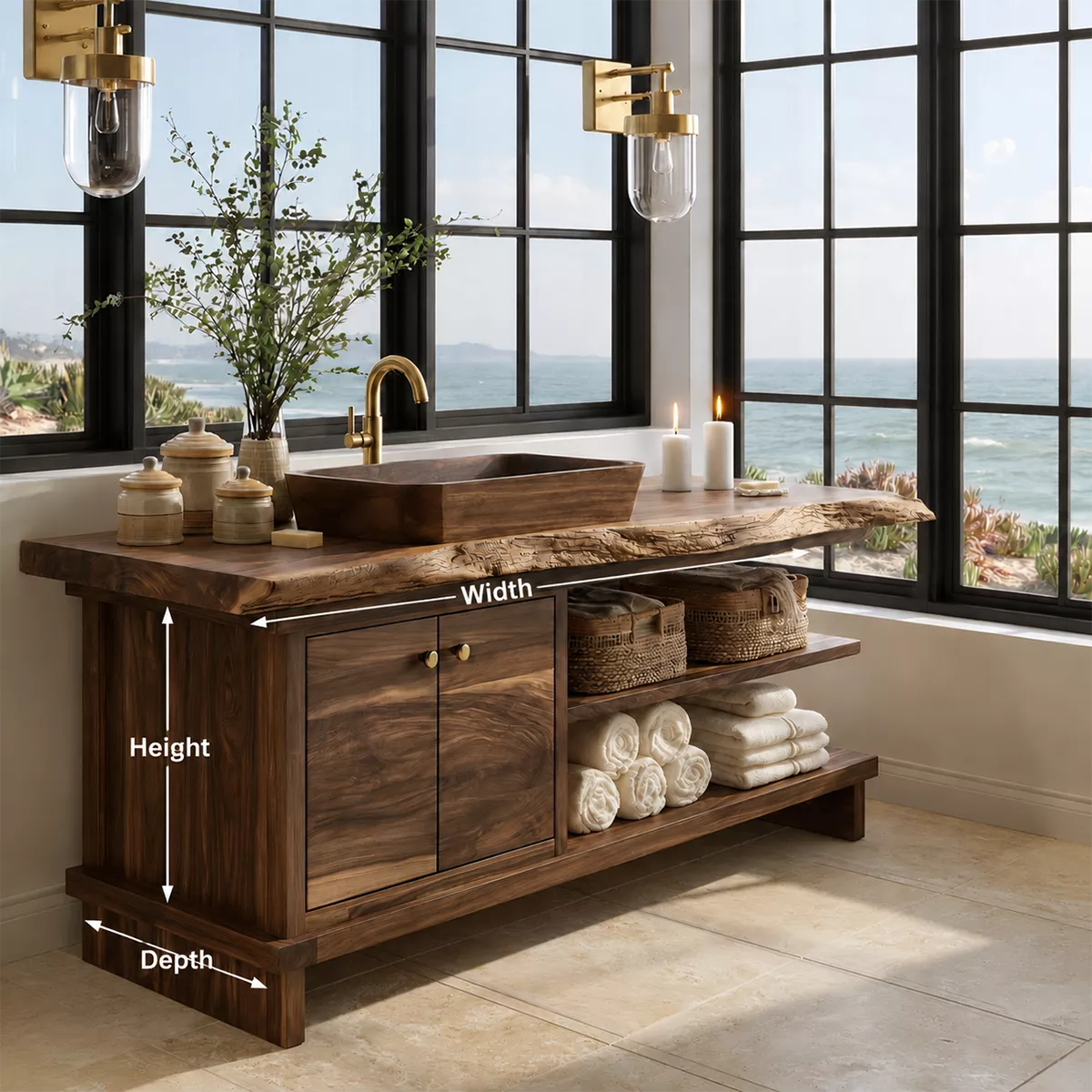 Bathroom Vanity with Two Cabinet Doors and Open Towel Storage Shelves - Rustiracraft
