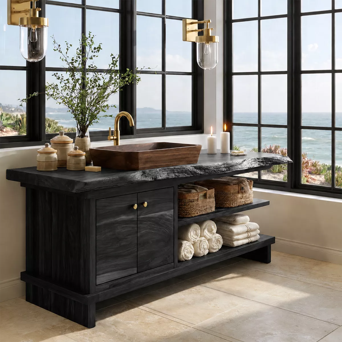 Bathroom Vanity with Two Cabinet Doors and Open Towel Storage Shelves - Rustiracraft