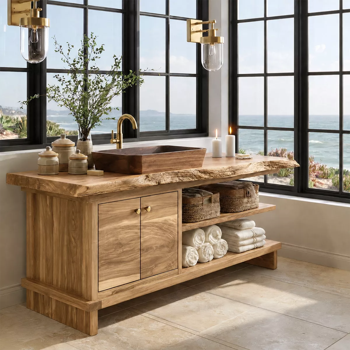 Bathroom Vanity with Two Cabinet Doors and Open Towel Storage Shelves - Rustiracraft