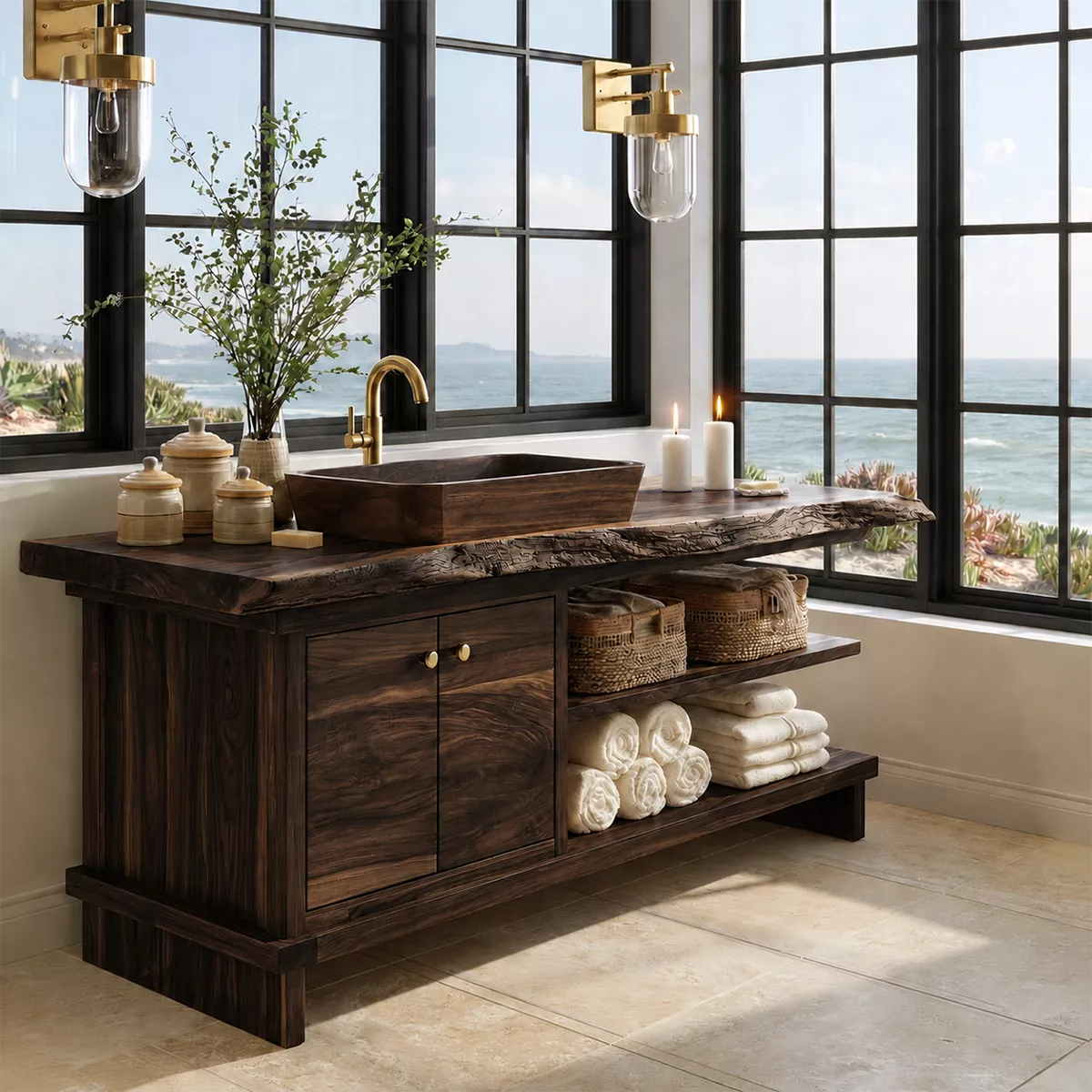 Bathroom Vanity with Two Cabinet Doors and Open Towel Storage Shelves - Rustiracraft