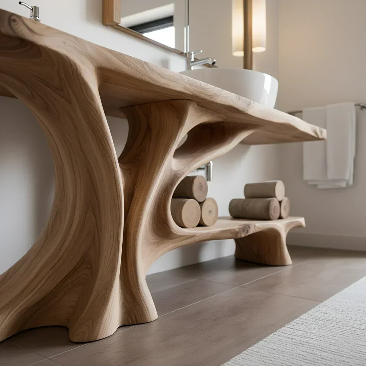 Branch Form Solid Wood Vanity with Flowing Organic Structure - Rustiracraft 