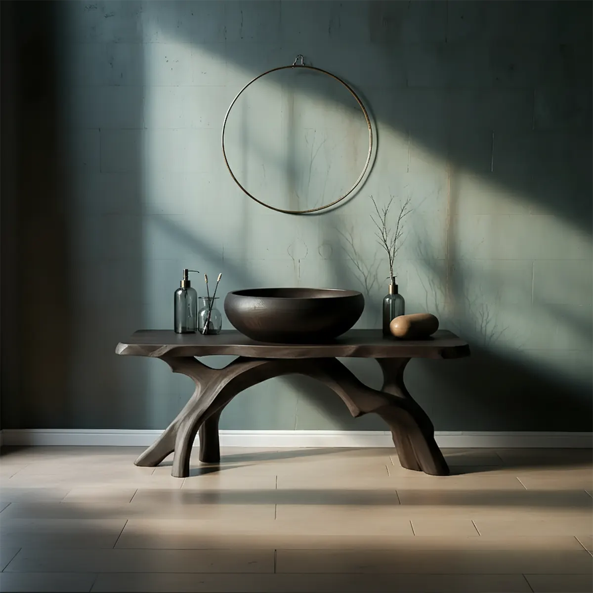 BranchArc Vanity – Sculpted Solid Wood Bathroom Console - Rustiracraft 