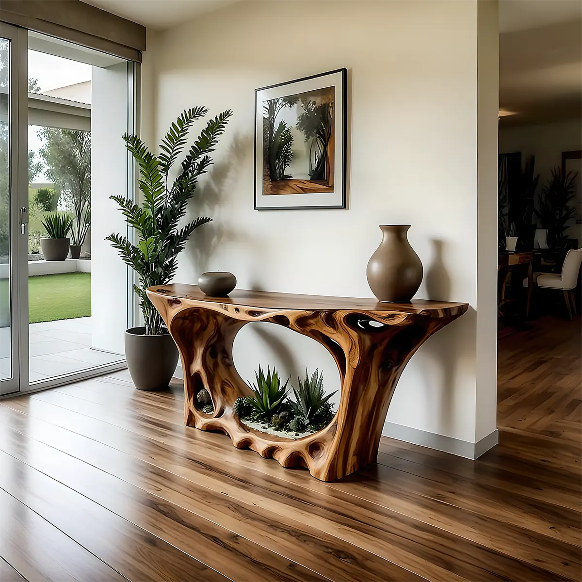Carved Root Walnut Console Table – Organic Wood Design - Rustiracraft 