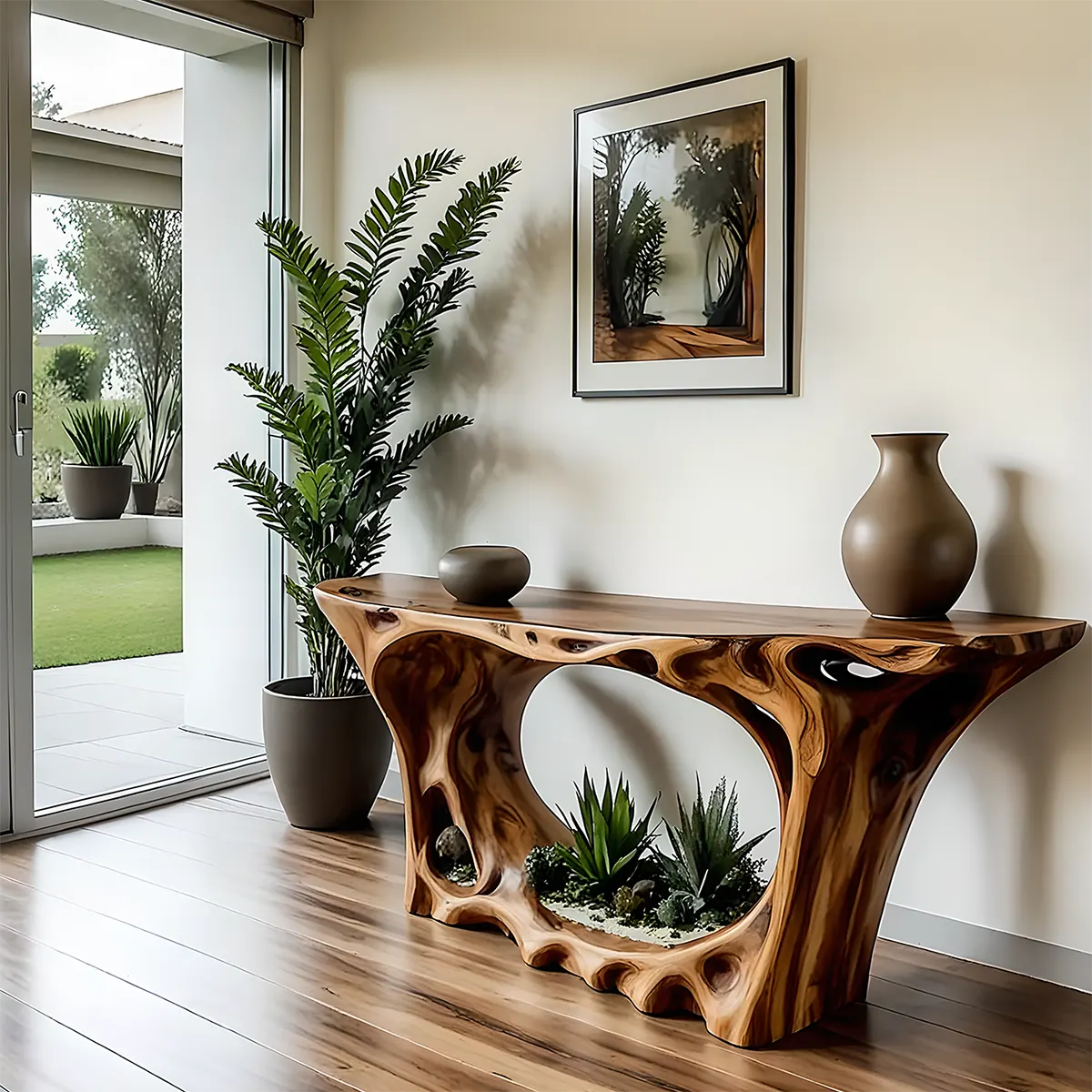 Carved Root Walnut Console Table – Organic Wood Design - Rustiracraft 