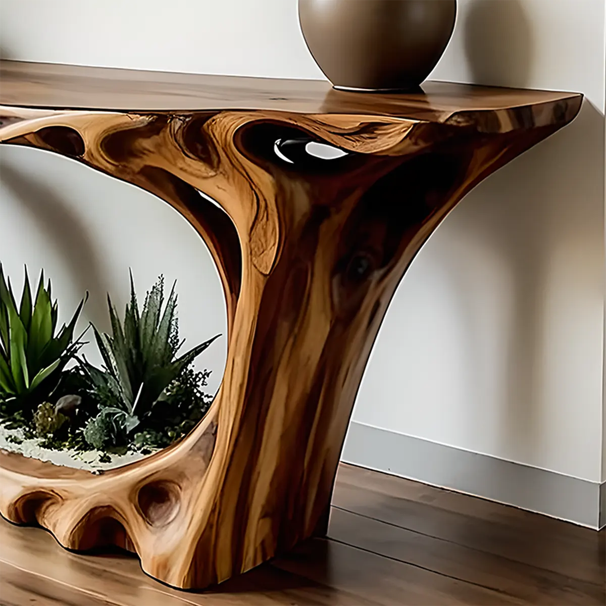 Carved Root Walnut Console Table – Organic Wood Design - Rustiracraft 