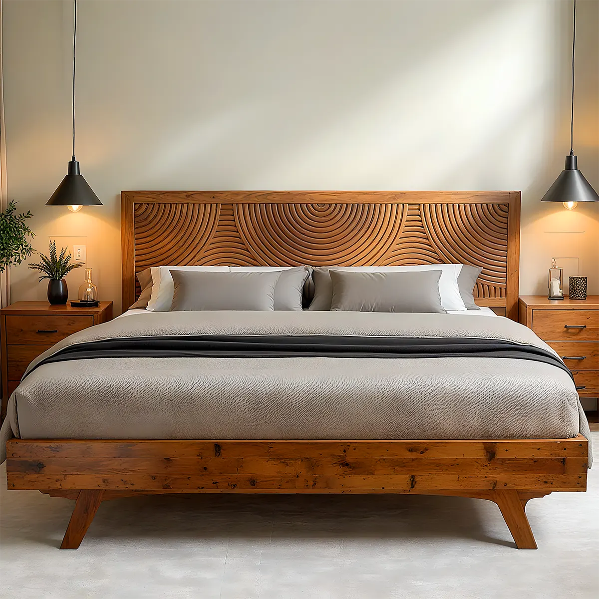 Carved Wooden Bed with Round Pattern – Luxurious & Bold Design - Rustiracraft 