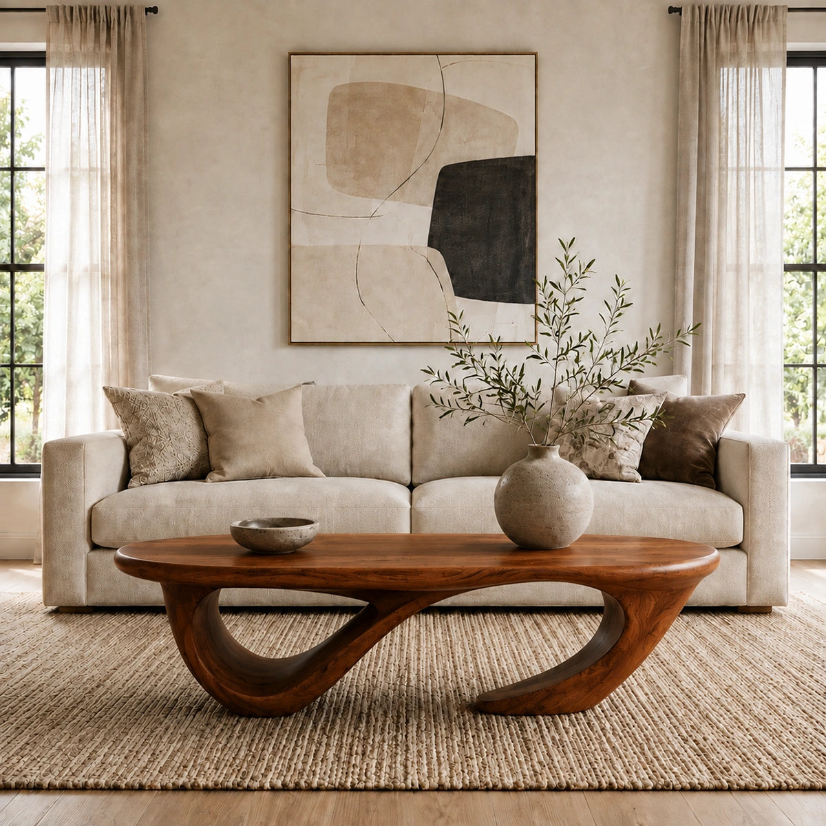 Coffee Table with Flowing Sculptural Loop Base in Natural Solid Wood - Rustiracraft