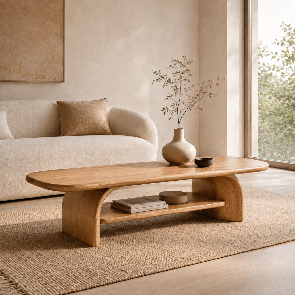 Coffee Table with Rounded Wooden Base in Natural Solid Wood for Living - Rustiracraft
