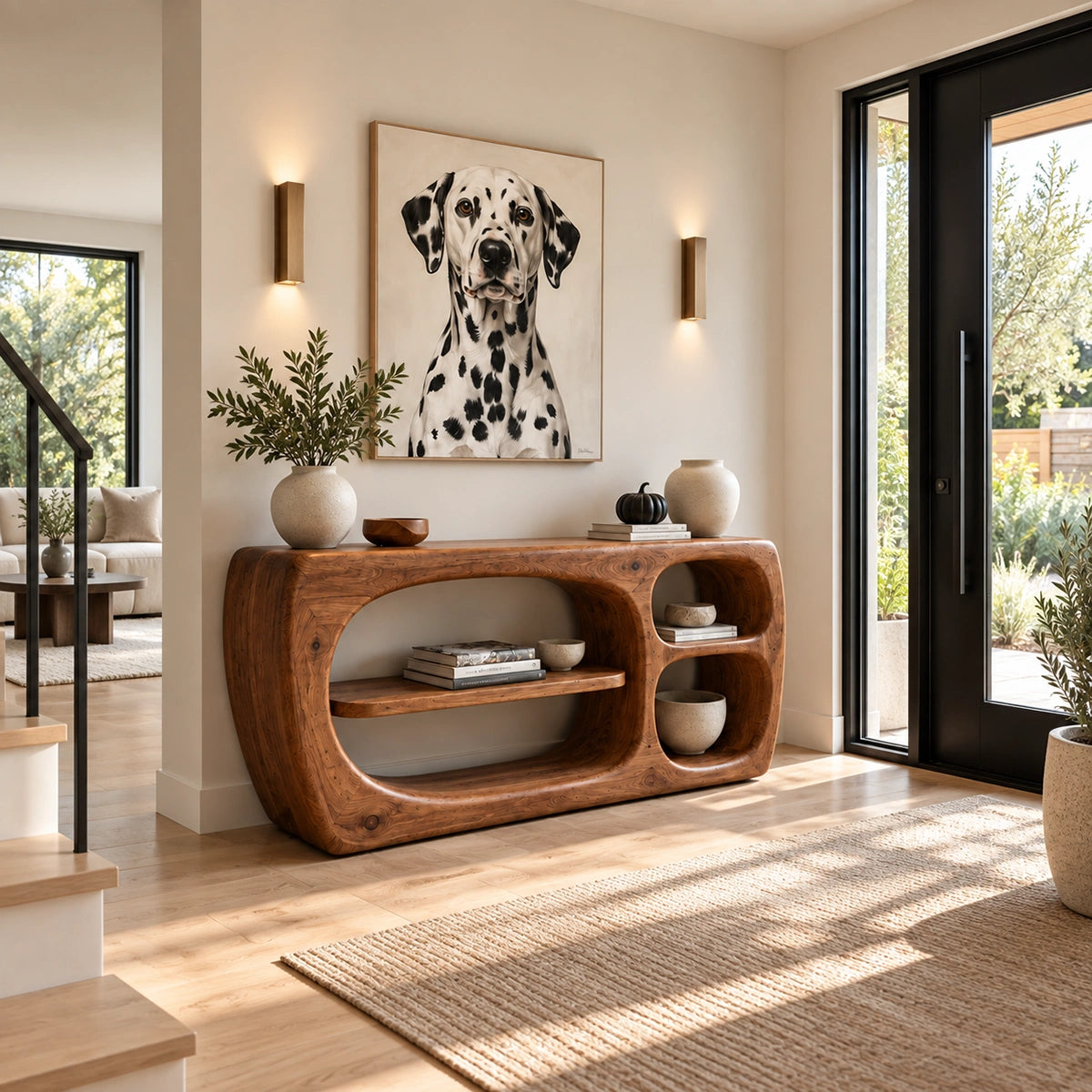 Console Table with Biomorphic Oval Niches in Natural Solid Wood Form - Rustiracraft