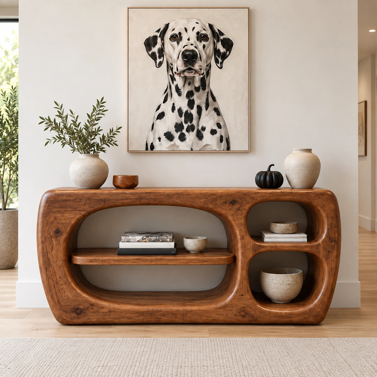 Console Table with Biomorphic Oval Niches in Natural Solid Wood Form - Rustiracraft