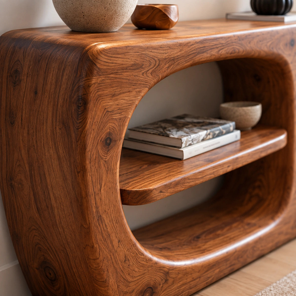 Console Table with Biomorphic Oval Niches in Natural Solid Wood Form - Rustiracraft