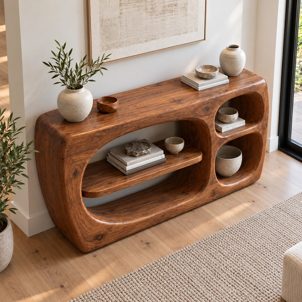 Console Table with Biomorphic Oval Niches in Natural Solid Wood Form - Rustiracraft