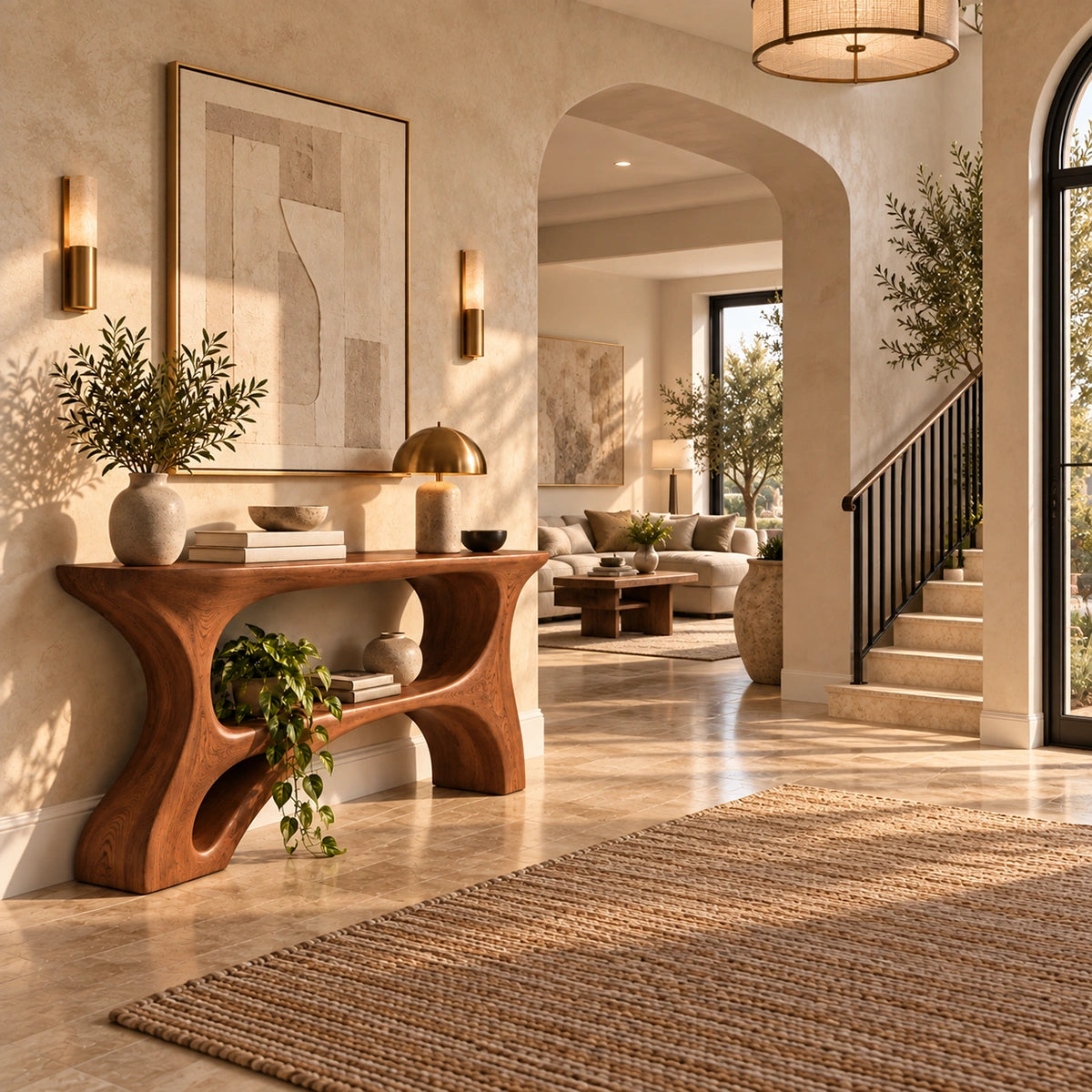 Console Table with Curved Hourglass Base in Natural Solid Wood Design - Rustiracraft