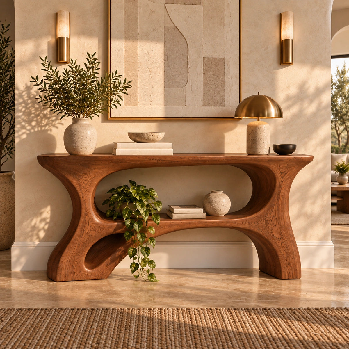Console Table with Curved Hourglass Base in Natural Solid Wood Design - Rustiracraft