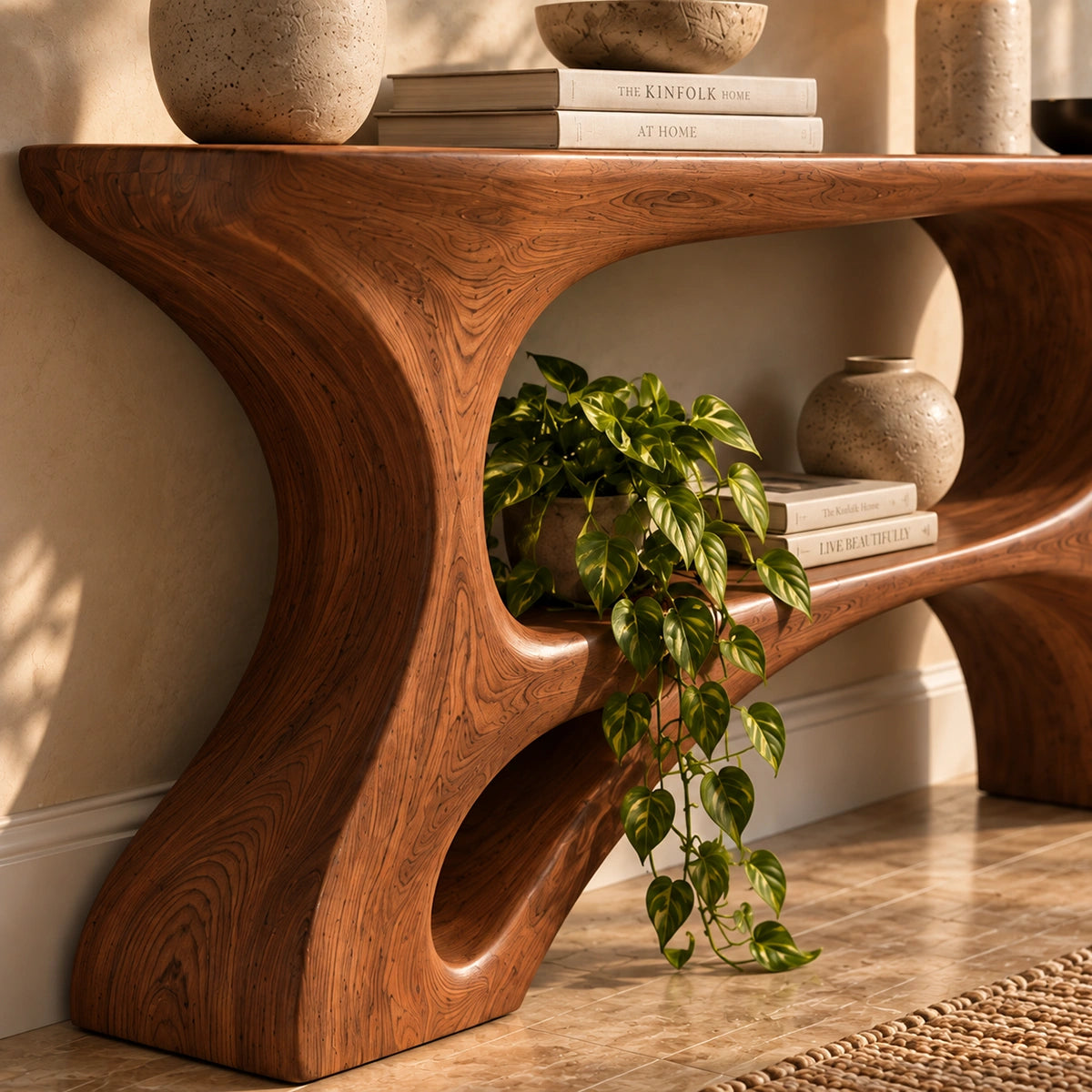 Console Table with Curved Hourglass Base in Natural Solid Wood Design - Rustiracraft