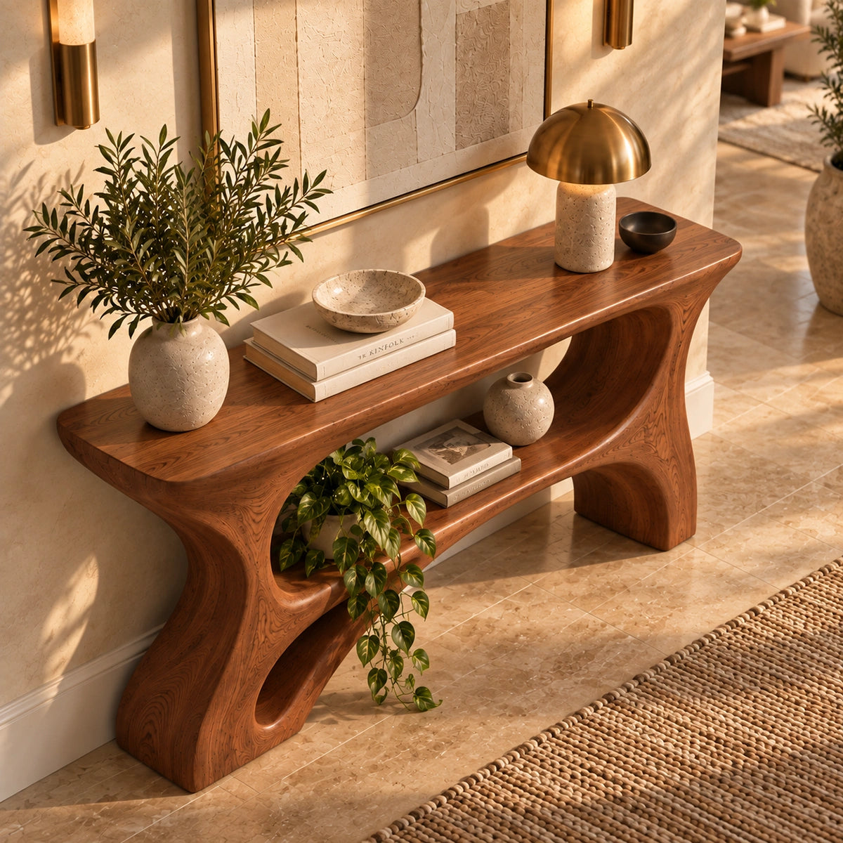 Console Table with Curved Hourglass Base in Natural Solid Wood Design - Rustiracraft