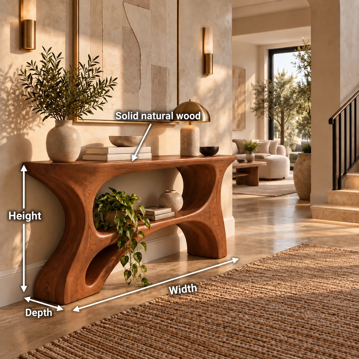 Console Table with Curved Hourglass Base in Natural Solid Wood Design - Rustiracraft