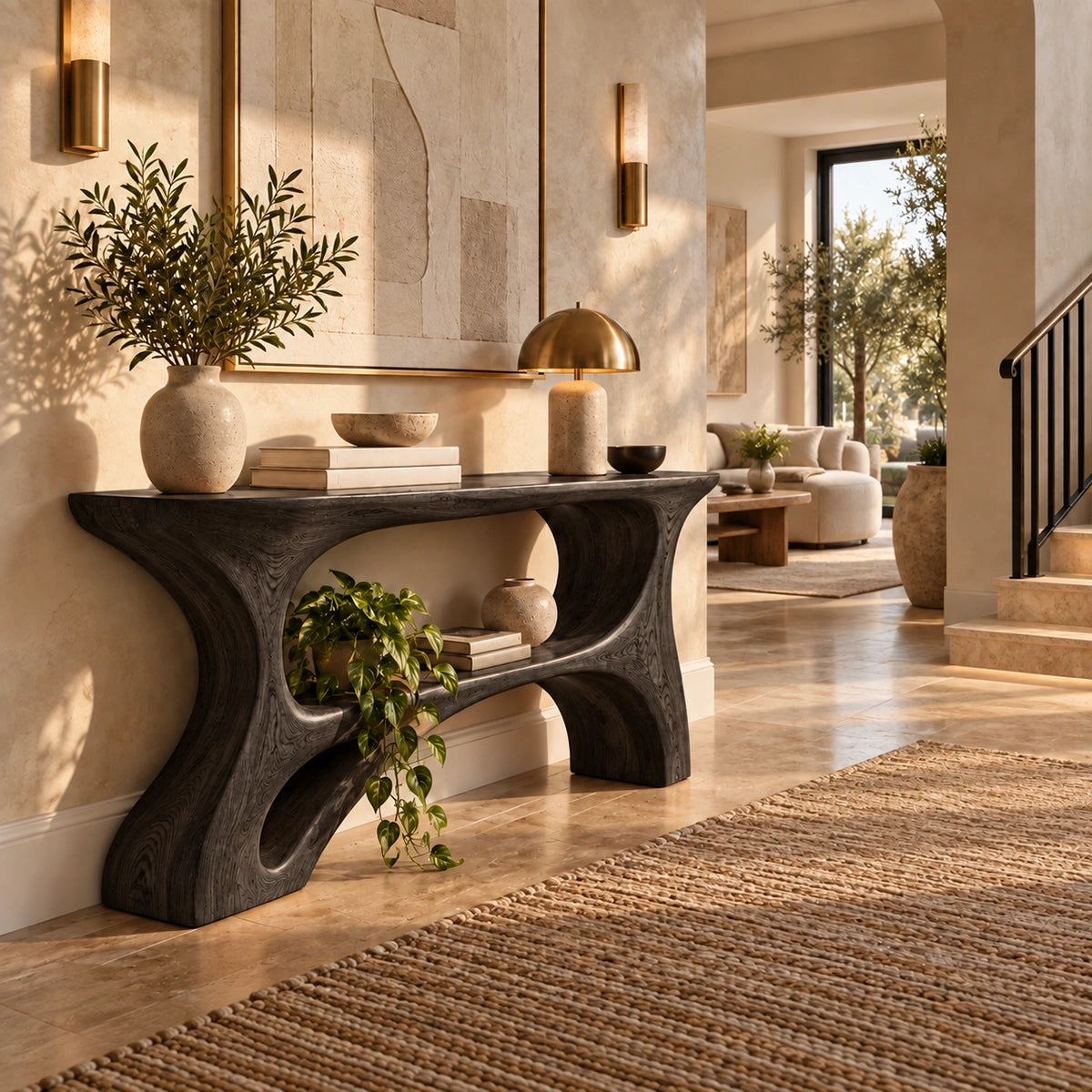 Console Table with Curved Hourglass Base in Natural Solid Wood Design - Rustiracraft