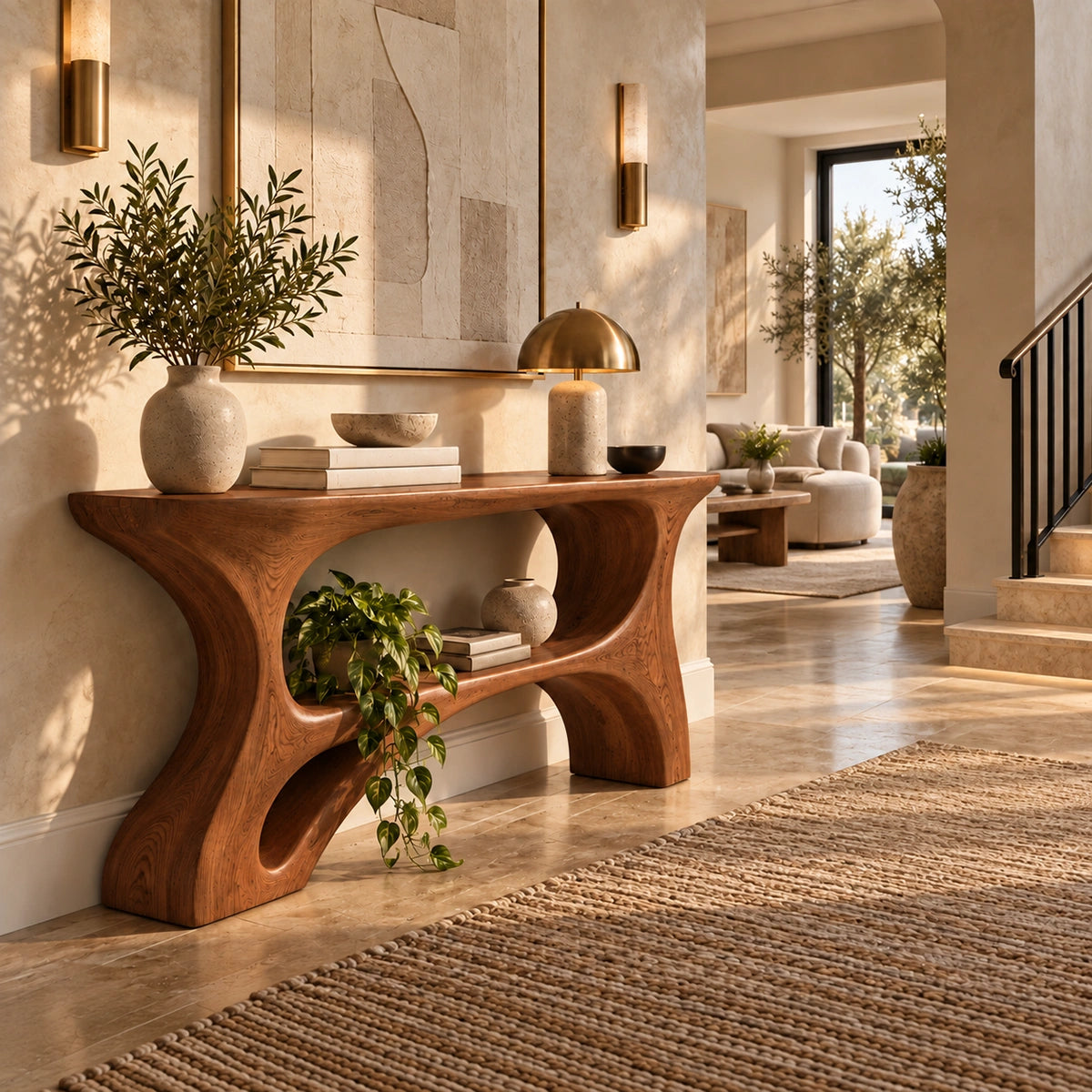 Console Table with Curved Hourglass Base in Natural Solid Wood Design - Rustiracraft