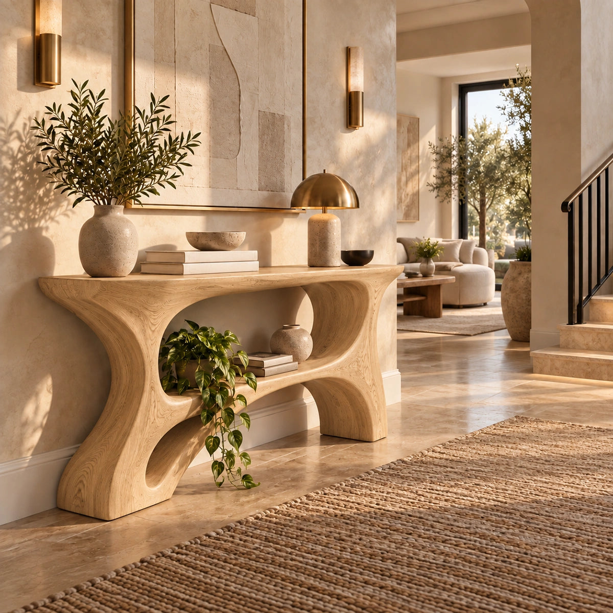 Console Table with Curved Hourglass Base in Natural Solid Wood Design - Rustiracraft