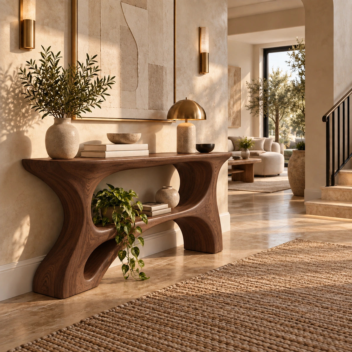 Console Table with Curved Hourglass Base in Natural Solid Wood Design - Rustiracraft