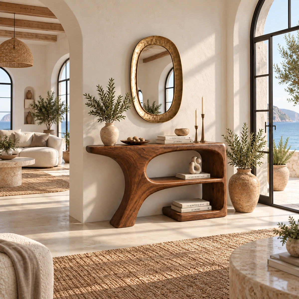 Console Table with Curved Open Shelves in Natural Solid Wood Design - Rustiracraft