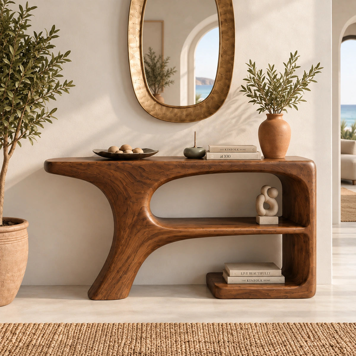 Console Table with Curved Open Shelves in Natural Solid Wood Design - Rustiracraft