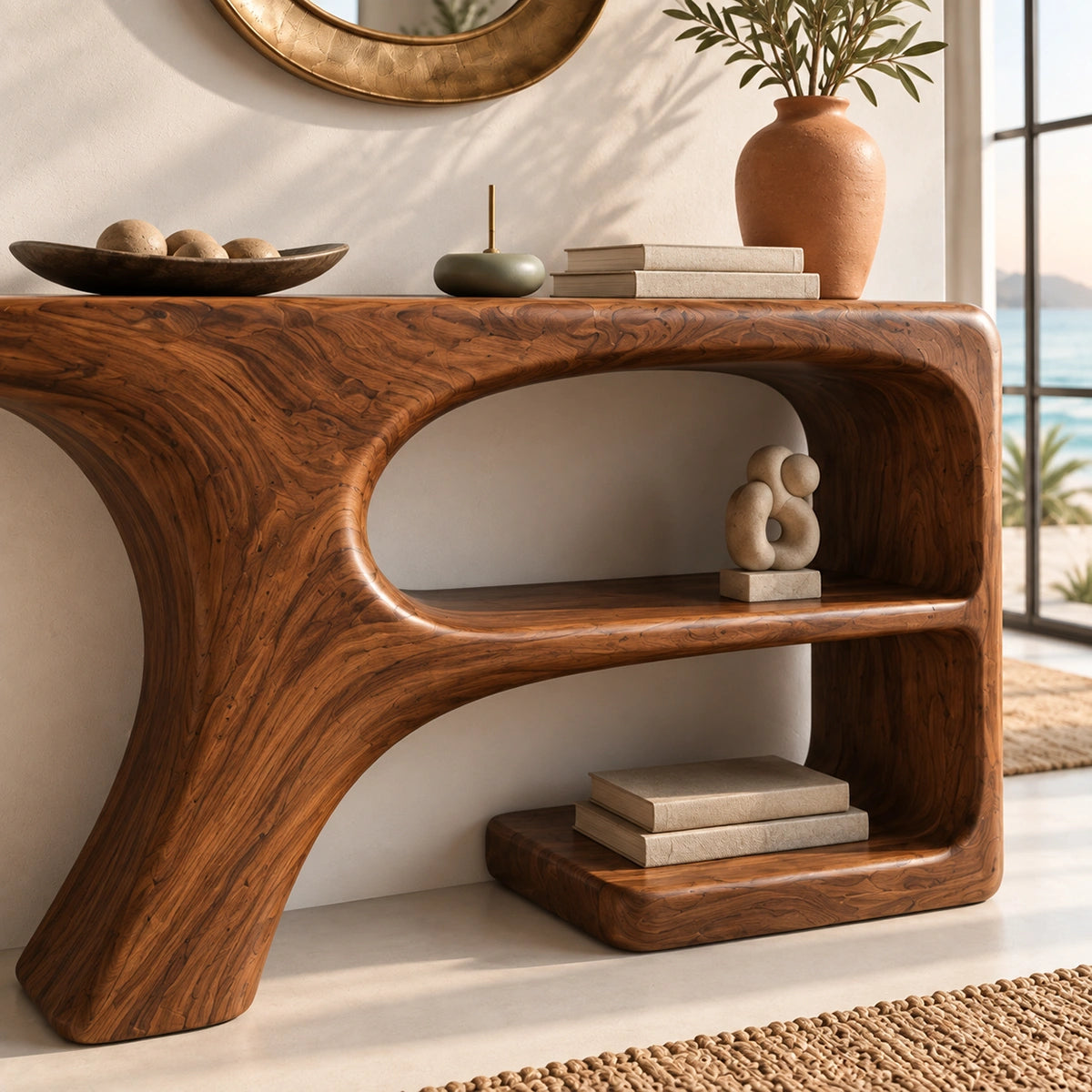 Console Table with Curved Open Shelves in Natural Solid Wood Design - Rustiracraft
