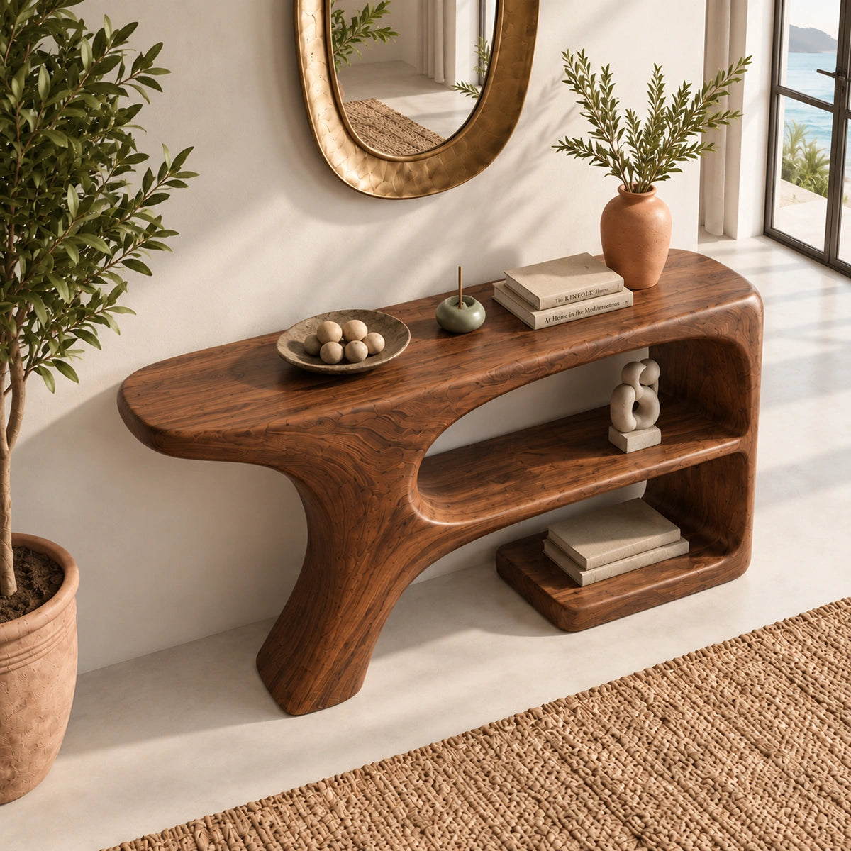 Console Table with Curved Open Shelves in Natural Solid Wood Design - Rustiracraft
