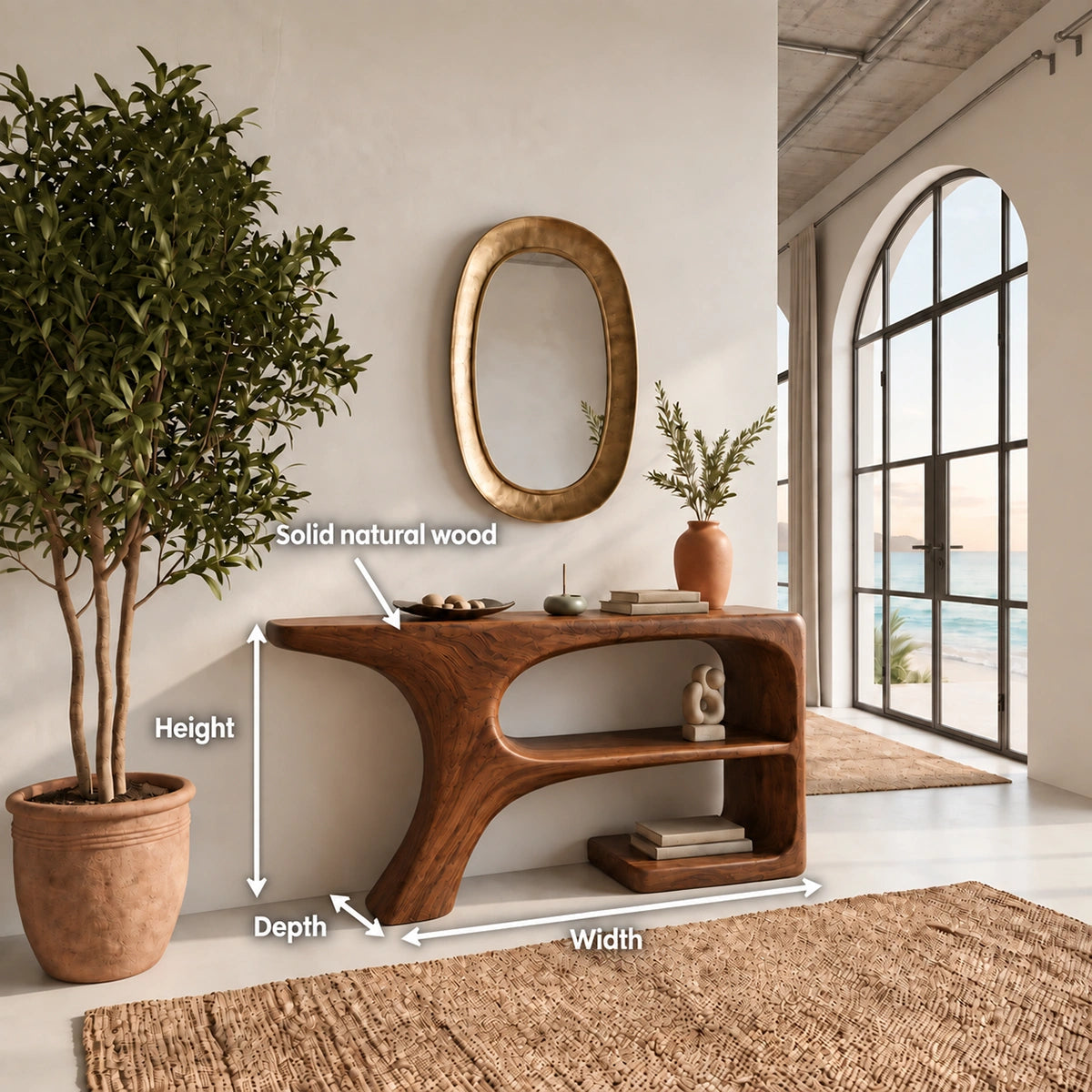 Console Table with Curved Open Shelves in Natural Solid Wood Design - Rustiracraft