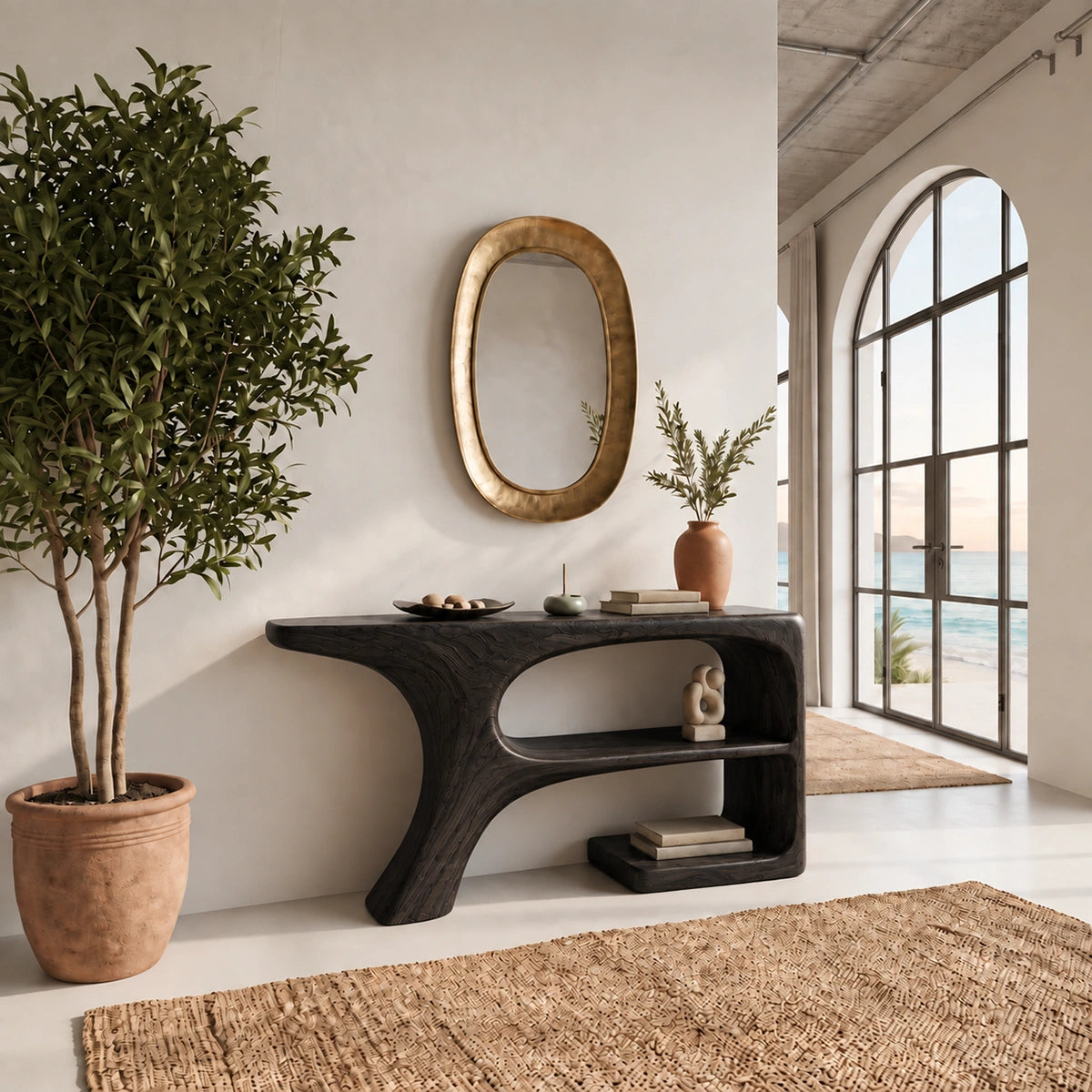 Console Table with Curved Open Shelves in Natural Solid Wood Design - Rustiracraft