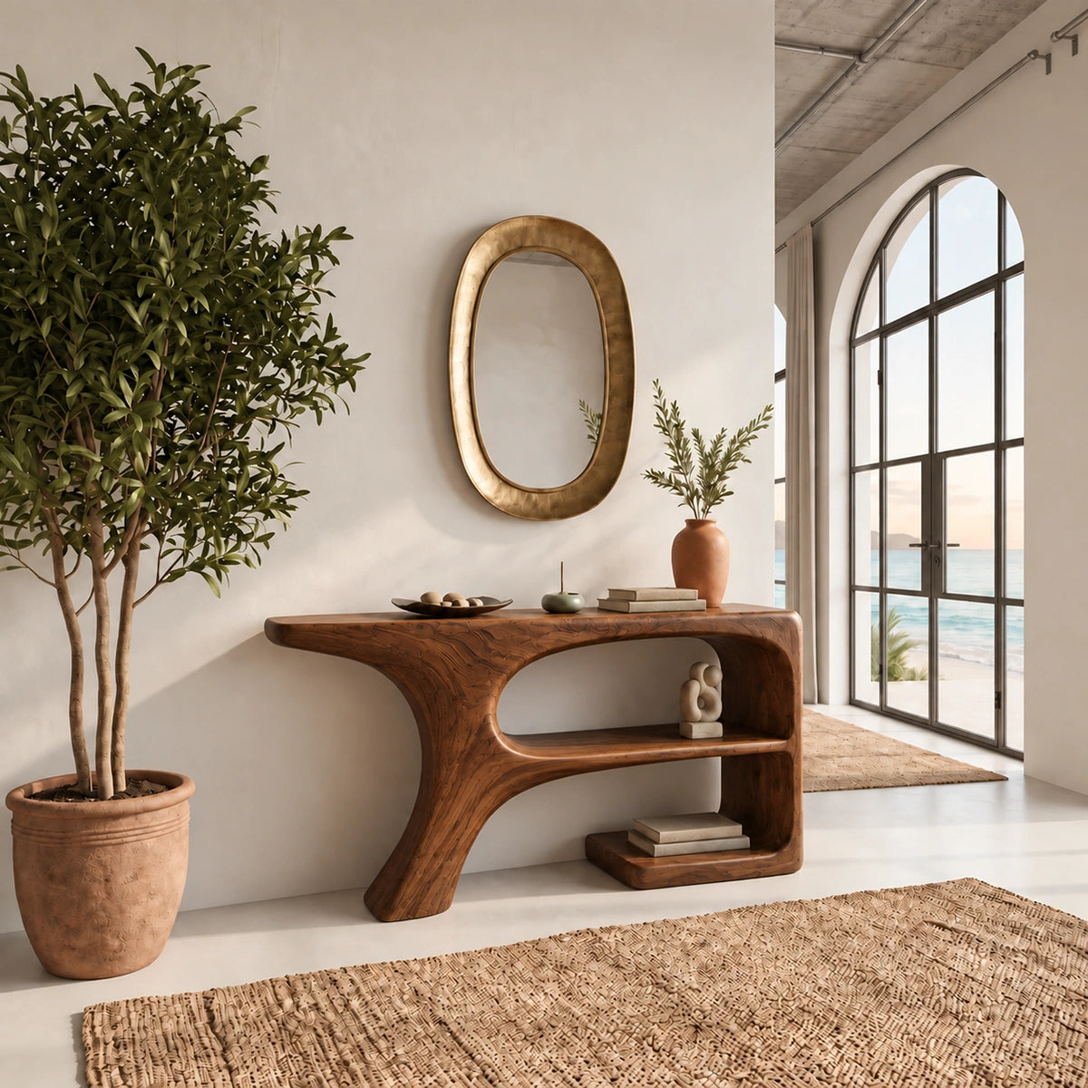 Console Table with Curved Open Shelves in Natural Solid Wood Design - Rustiracraft