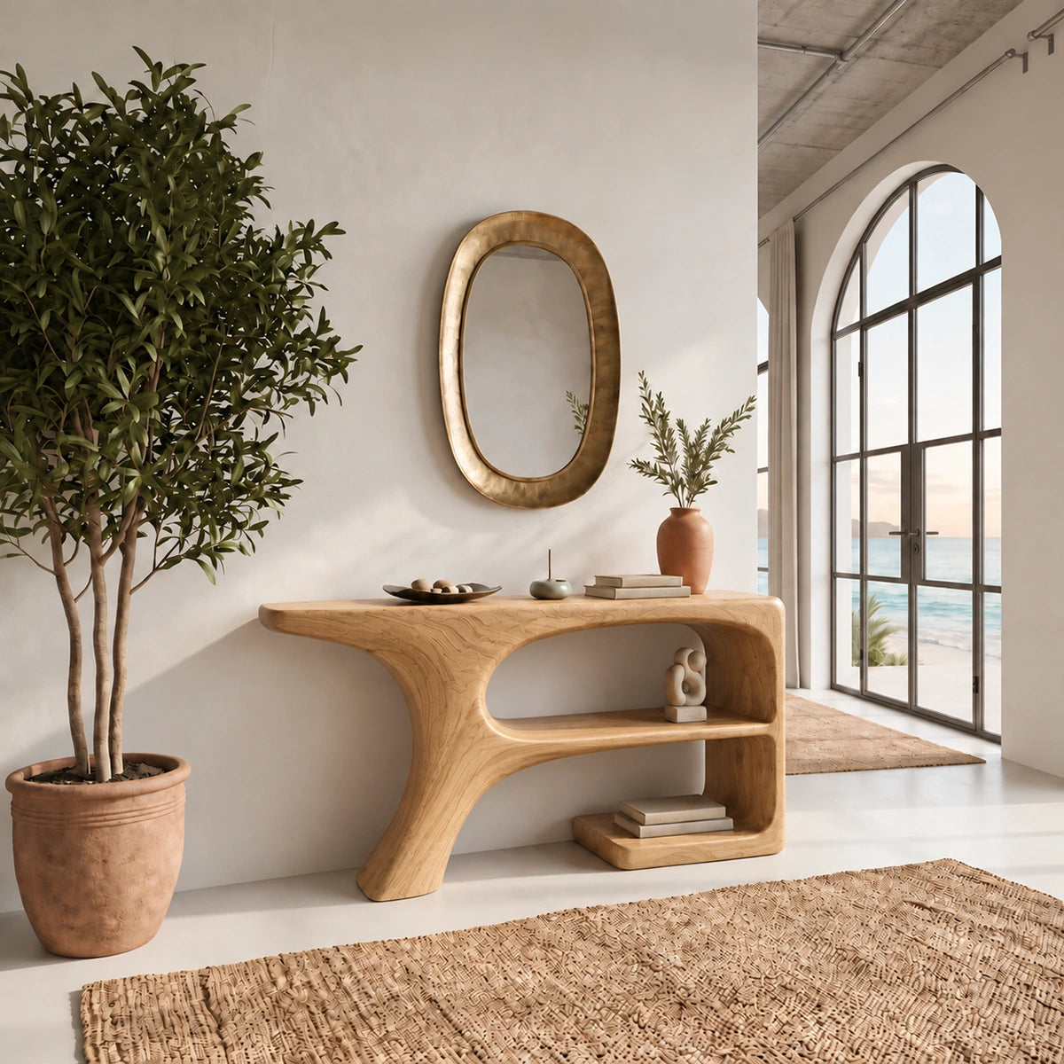 Console Table with Curved Open Shelves in Natural Solid Wood Design - Rustiracraft