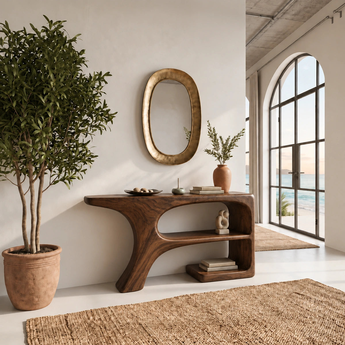 Console Table with Curved Open Shelves in Natural Solid Wood Design - Rustiracraft