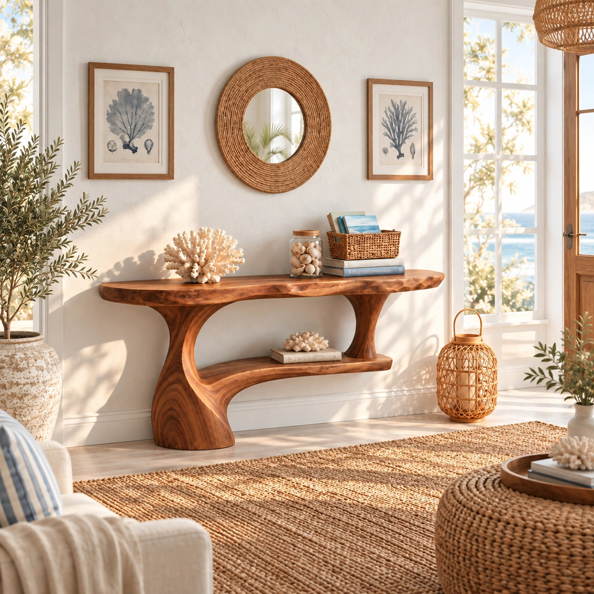 Console Table with Curved Pedestal Base in Natural Solid Wood Design - Rustiracraft