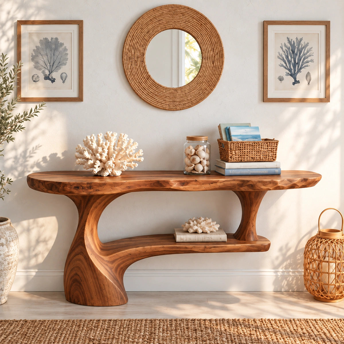 Console Table with Curved Pedestal Base in Natural Solid Wood Design - Rustiracraft