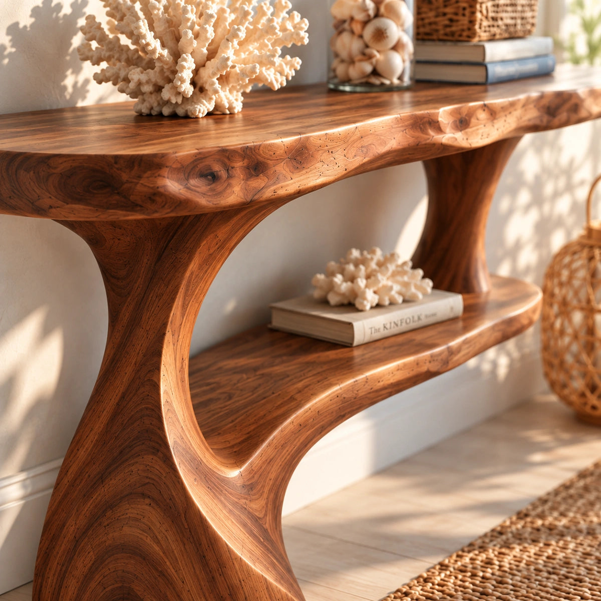 Console Table with Curved Pedestal Base in Natural Solid Wood Design - Rustiracraft