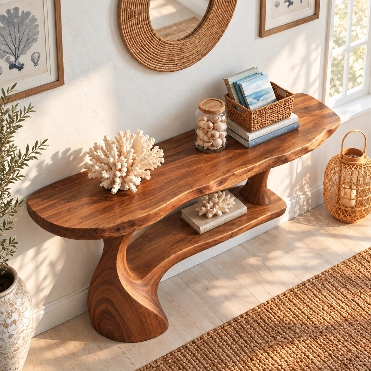 Console Table with Curved Pedestal Base in Natural Solid Wood Design - Rustiracraft