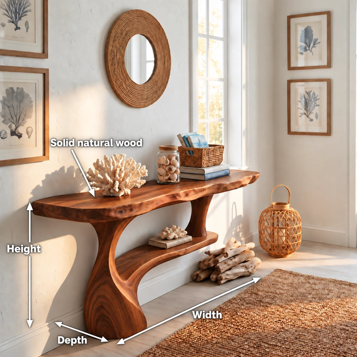 Console Table with Curved Pedestal Base in Natural Solid Wood Design - Rustiracraft