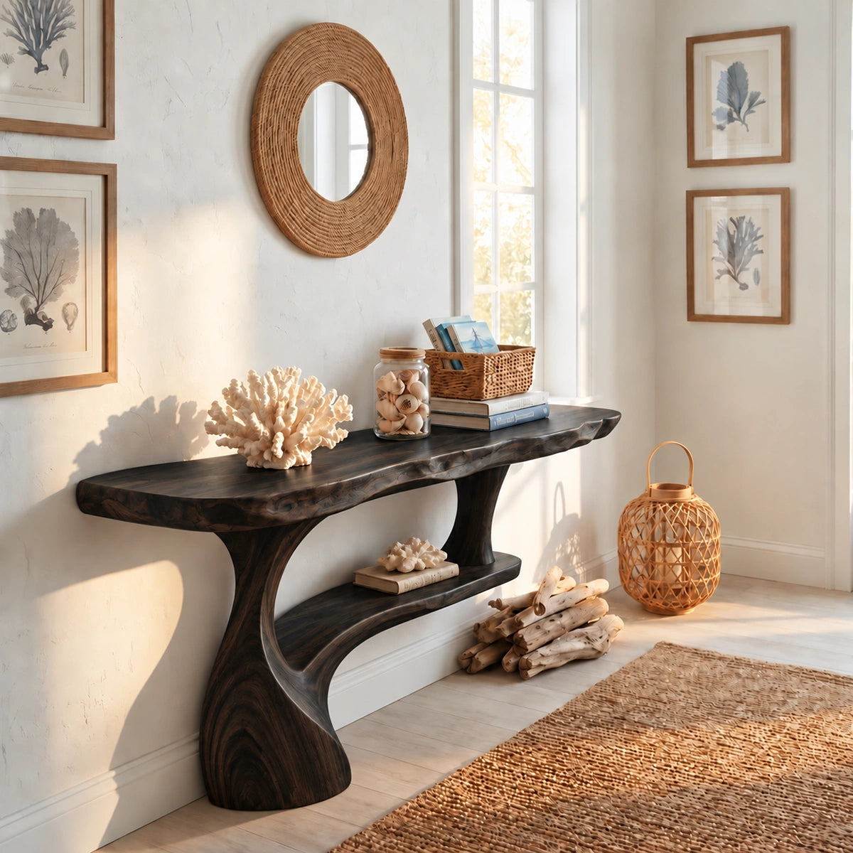 Console Table with Curved Pedestal Base in Natural Solid Wood Design - Rustiracraft