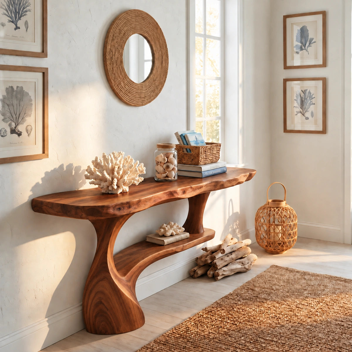 Console Table with Curved Pedestal Base in Natural Solid Wood Design - Rustiracraft