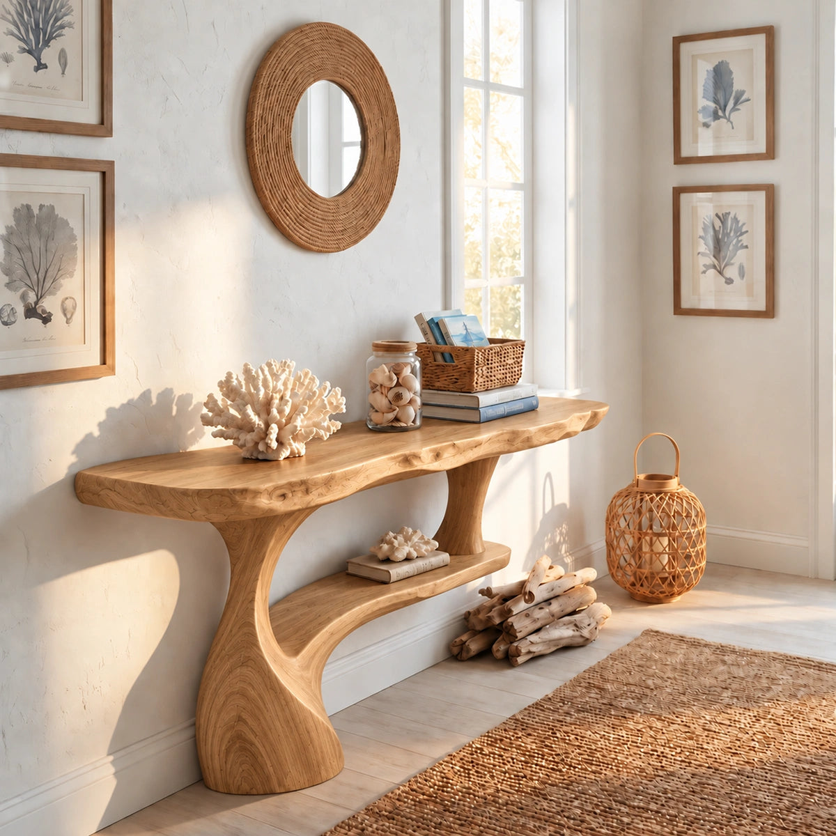 Console Table with Curved Pedestal Base in Natural Solid Wood Design - Rustiracraft