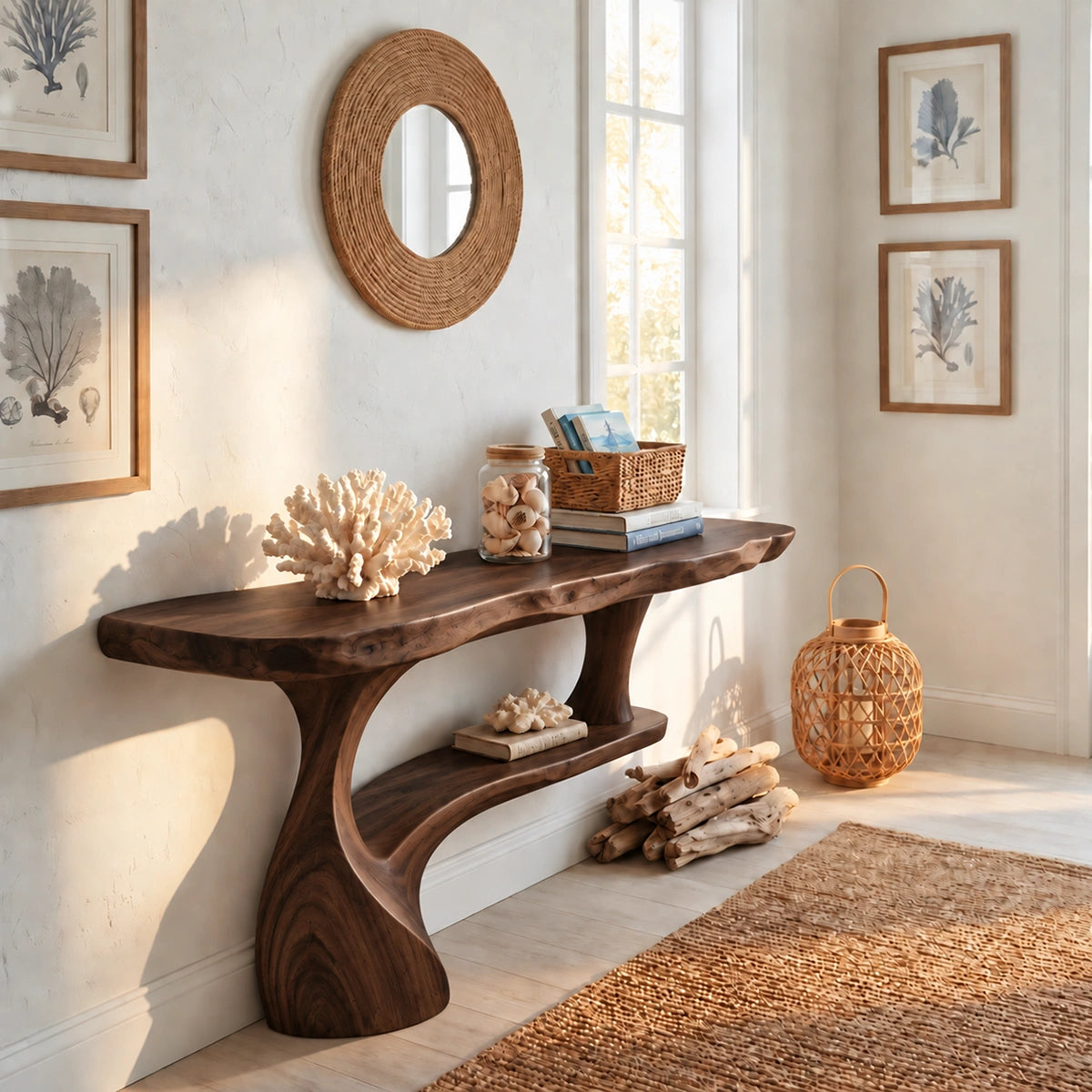 Console Table with Curved Pedestal Base in Natural Solid Wood Design - Rustiracraft
