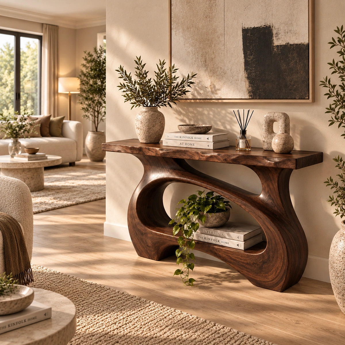 Console Table with Curved Sculptural Base in Natural Solid Wood Form - Rustiracraft