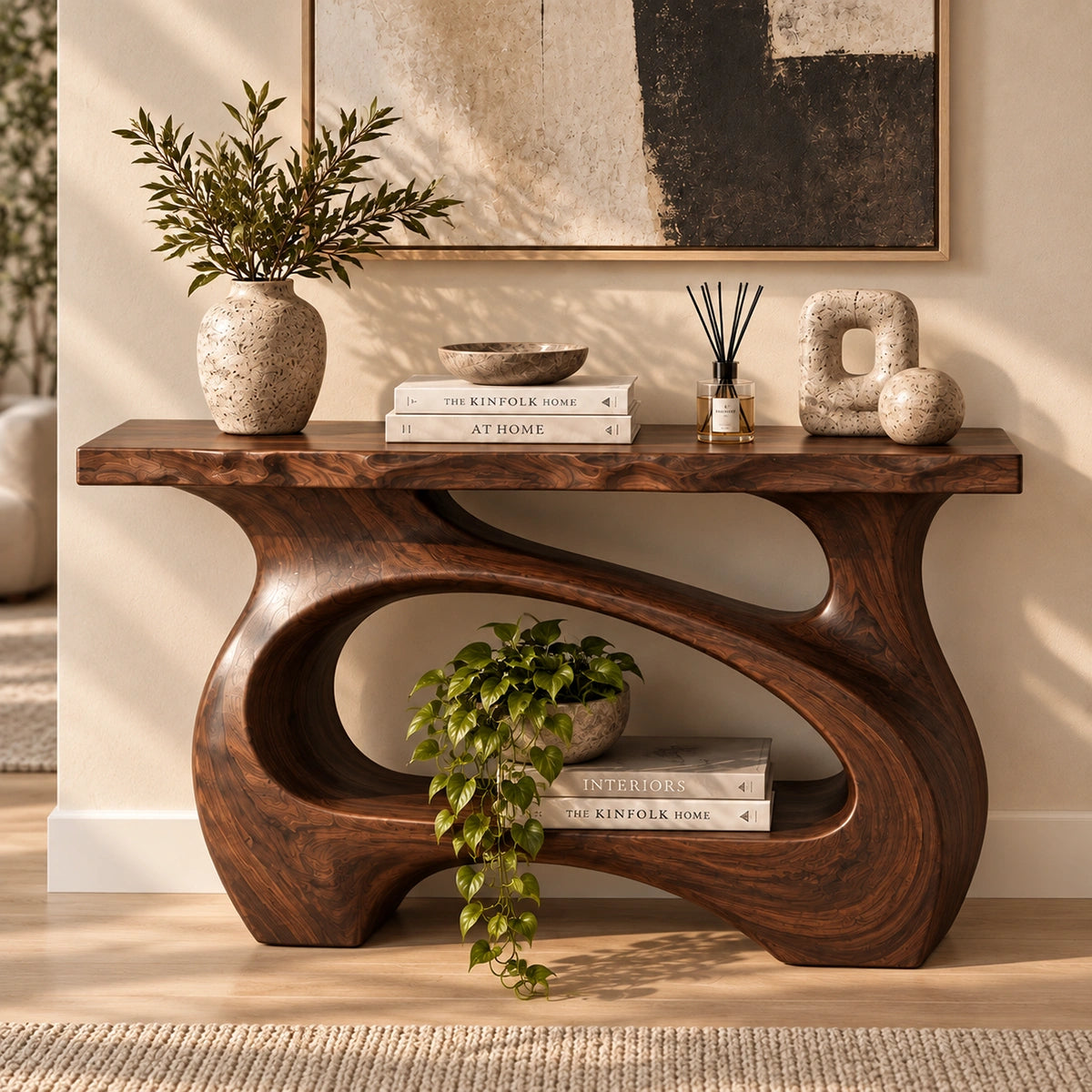 Console Table with Curved Sculptural Base in Natural Solid Wood Form - Rustiracraft