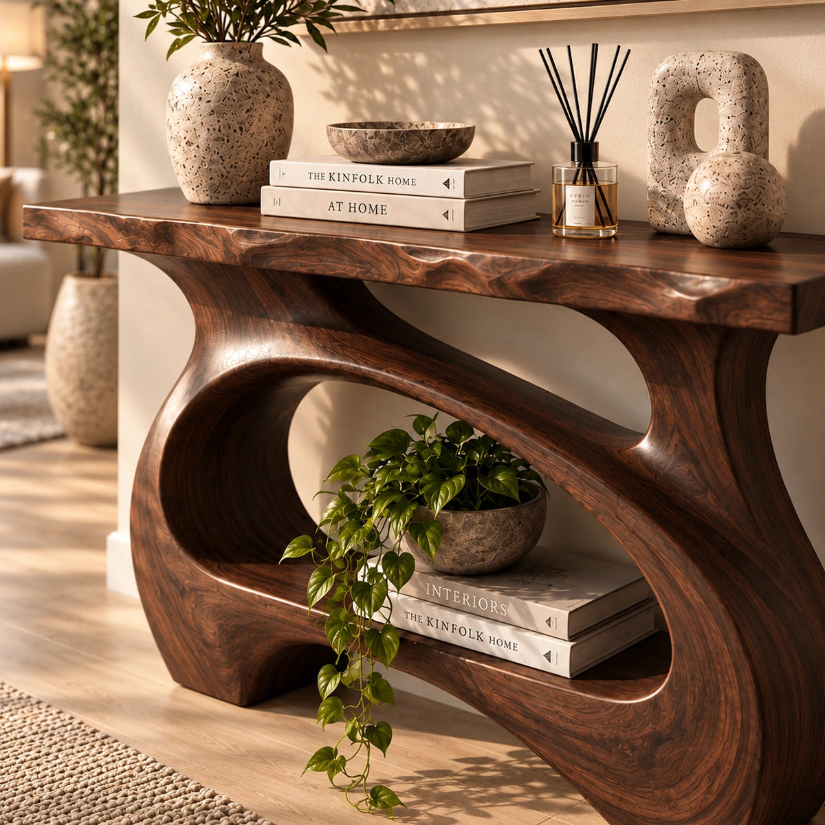 Console Table with Curved Sculptural Base in Natural Solid Wood Form - Rustiracraft