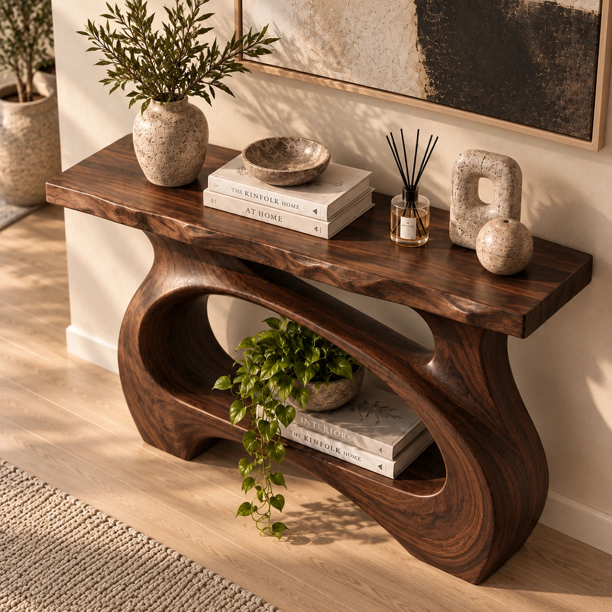 Console Table with Curved Sculptural Base in Natural Solid Wood Form - Rustiracraft