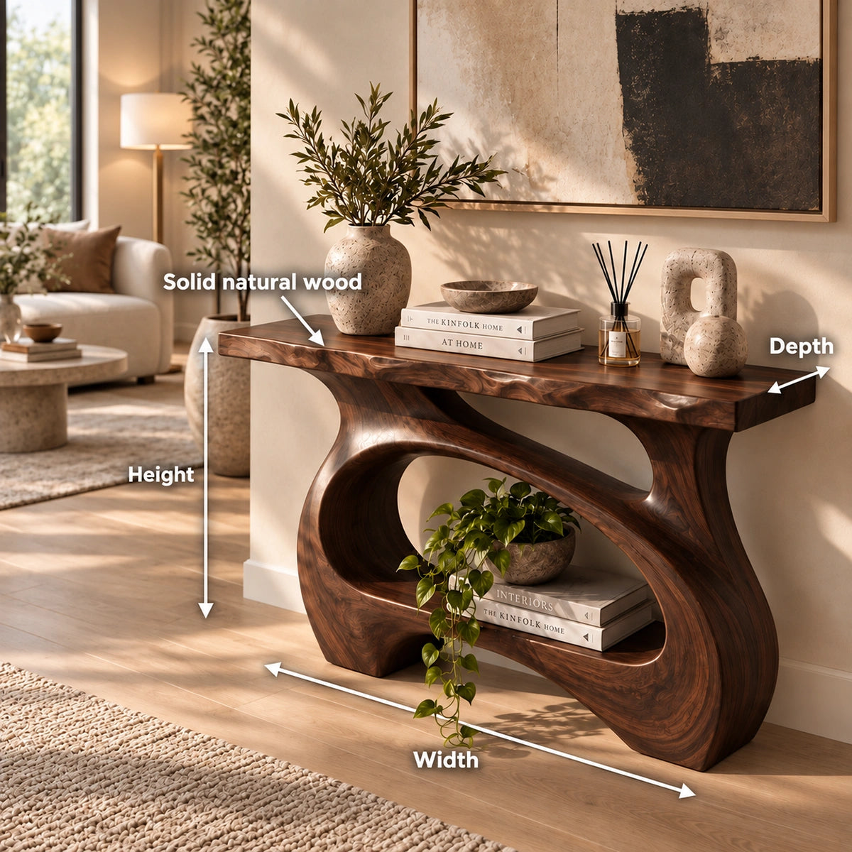 Console Table with Curved Sculptural Base in Natural Solid Wood Form - Rustiracraft
