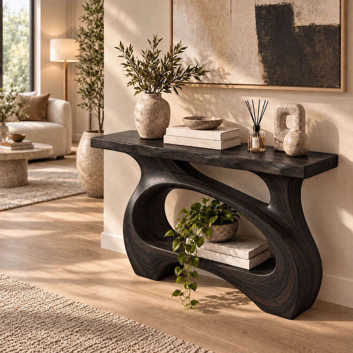 Console Table with Curved Sculptural Base in Natural Solid Wood Form - Rustiracraft