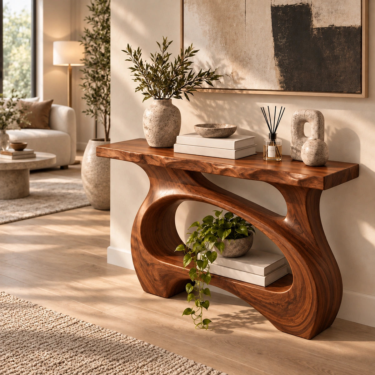Console Table with Curved Sculptural Base in Natural Solid Wood Form - Rustiracraft